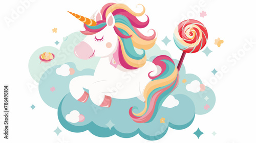 Ute unicorn on a cloud. Happy. Sweets. Flat vector illustration