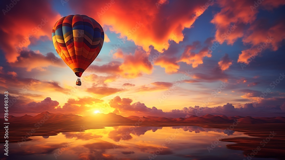 Obraz premium Hot air balloon over the lake at sunset