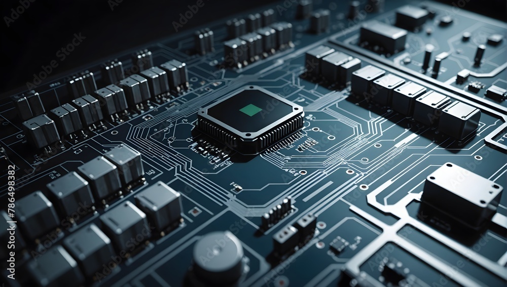 Electronic circuit board with processor, Advanced Technology Concept with Microchip. White Neon Data flows from the CPU across a Futuristic Motherboard Electronic circuit board with processor, Advanced Technology Concept with Microchip. White Neon Data flows from the CPU across a Futuristic Motherboard