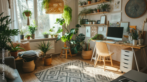 Well-lit home office space adorned with a variety of potted plants, creating a serene work environment photo