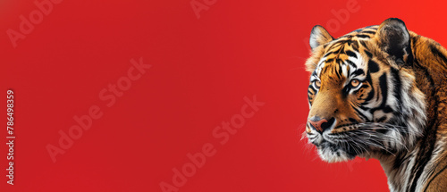 A striking image of a fierce tiger s head shot with detailed fur texture and patterns on a bold red background that highlights its beauty