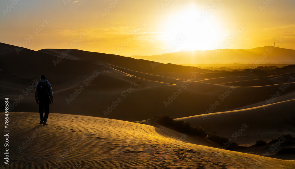 Beautiful sunset over the desert, golden sand dune desert landscape panorama, nature