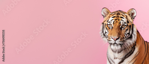 A beautiful and intense direct stare from a tiger against a pink background captures attention