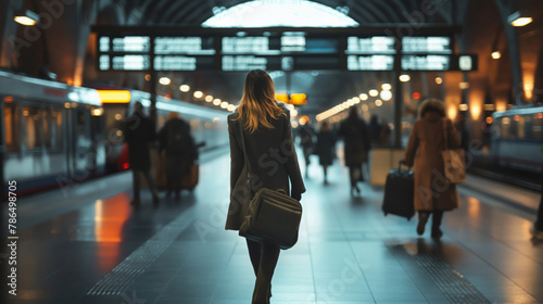 Rear view of a businesswoman walking through a bustling train station corridor