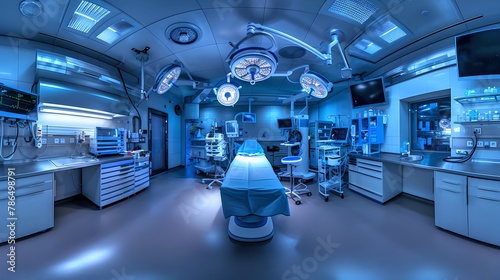 Futuristic blue-toned operating room with advanced medical equipment. Clean, high-tech surgical suite ready for procedures. An example of modern healthcare facilities. AI photo