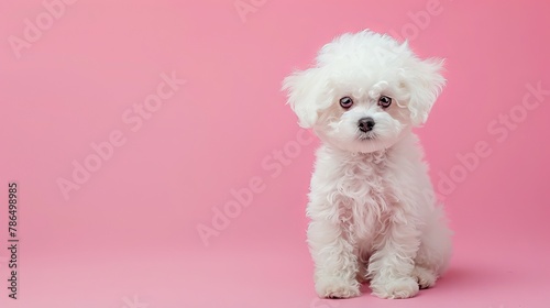 A small white dog sitting on a pink background. Generative AI.
