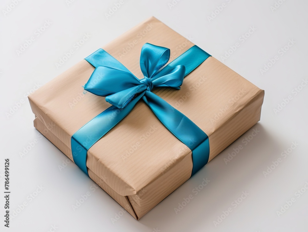 A brown gift box with blue ribbon. Generative AI. A brown gift box with blue ribbon. Generative AI.