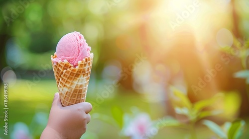 Child s hand holding waffle cone with pink ice cream in green park summer sweetness and joy