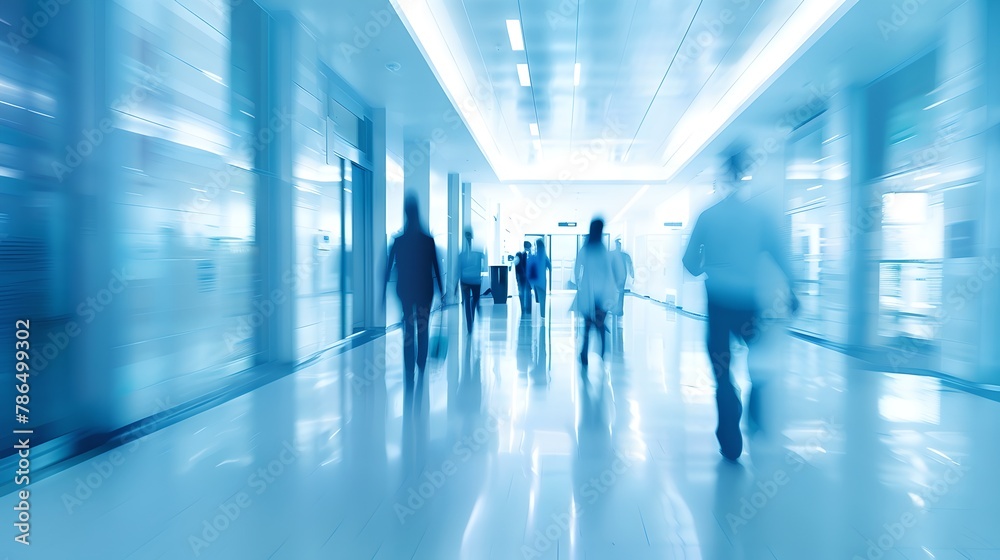 Busy Corporate Office Hallway in Motion, Blurred Workers Walking, Modern Business Environment, Fast-Paced Workday Ambiance. AI