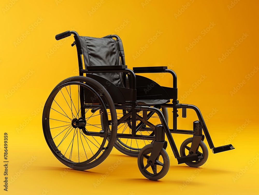 A black wheelchair on a yellow background. Generative AI.
