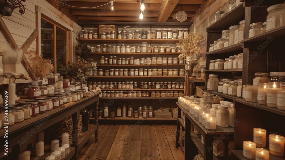 Warmly lit candle shop showcasing various candles on wooden shelves, exuding a rustic and inviting atmosphere