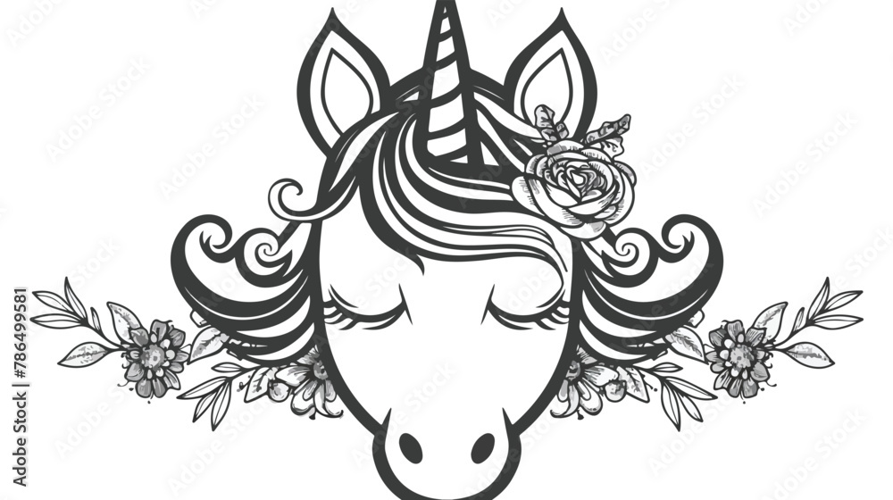 Vector black and white unicorn face. Fantasy animal wi