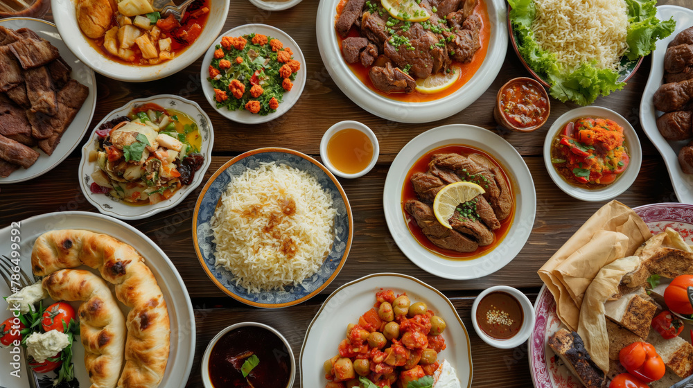 Capturing the authentic family-owned restaurant feast with traditional cuisine and a variety of delicious dishes in an overhead shot photography Capturing the authentic family-owned restaurant feast with traditional cuisine and a variety of delicious dishes in an overhead shot photography