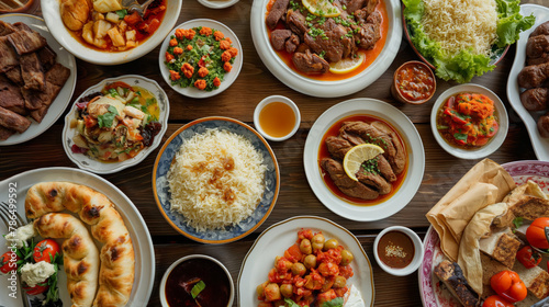 Capturing the authentic family-owned restaurant feast with traditional cuisine and a variety of delicious dishes in an overhead shot photography