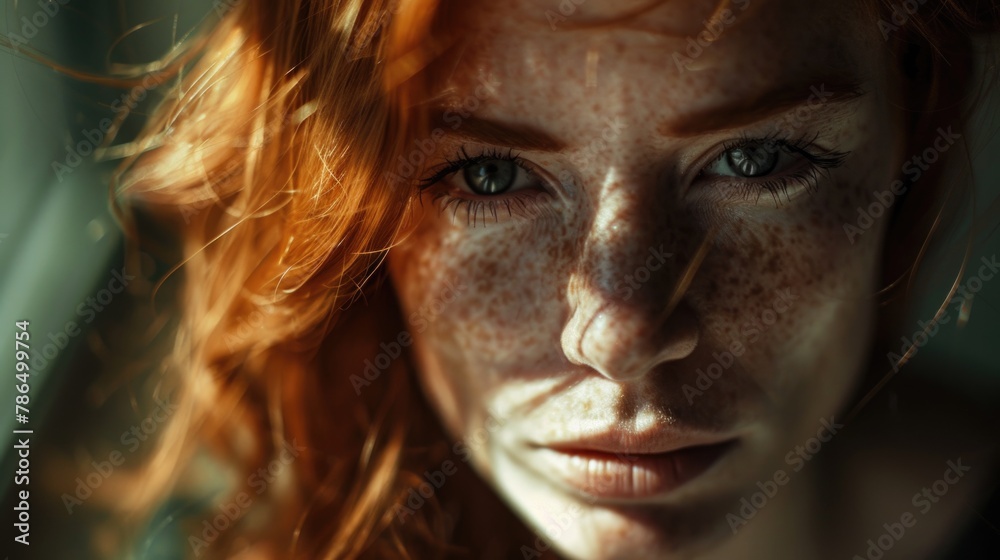 Close up portrait of freckled red haired young woman with green eyes looking at camera against dark background.