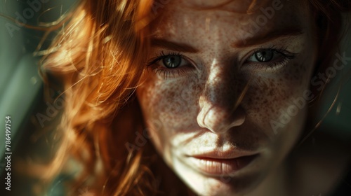 Close up portrait of freckled red haired young woman with green eyes looking at camera against dark background.