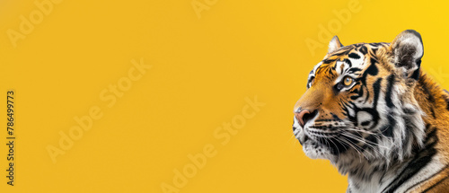 A contemplative Bengal tiger against a stark yellow background, suggesting introspection and stillness photo