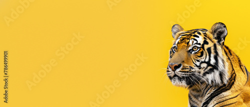A stunning and detailed portrayal of a tiger  showcasing its vibrant orange fur and distinctive stripes against a contrasting yellow backdrop The image captures the essence of wildlife