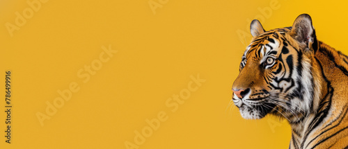 The sharp details of a Bengal tiger musing to the right on a simple yellow backdrop, emphasizing every stripe and whisker