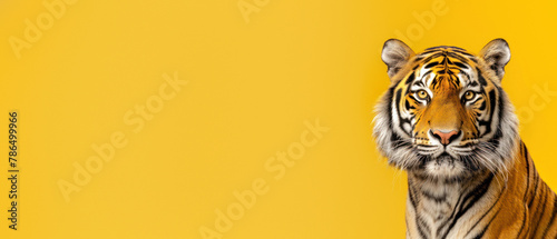Fierce frontal gaze of a Bengal tiger is captured perfectly against a pure yellow surface, exuding a wild and majestic aura photo