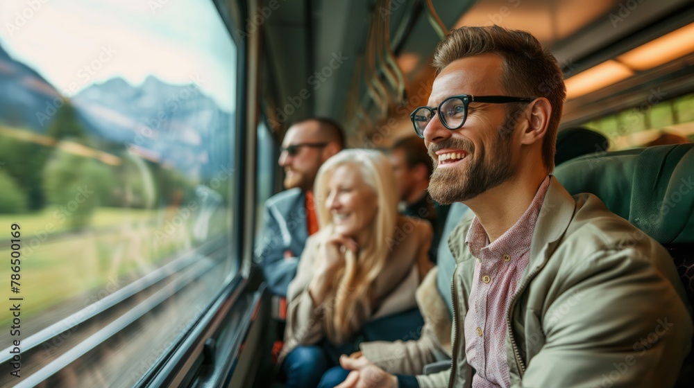 Smiling professionals enjoy picturesque views from a train Smiling professionals enjoy picturesque views from a train