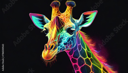 Portrait of giraffe in ultra-bright neon style  rainbow lines. Wild animal. Abstract graphic art.