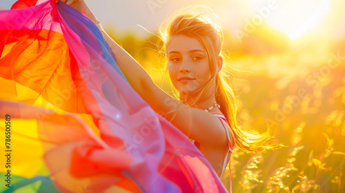 Vibrant Portrait of Girl with Pride Flag 