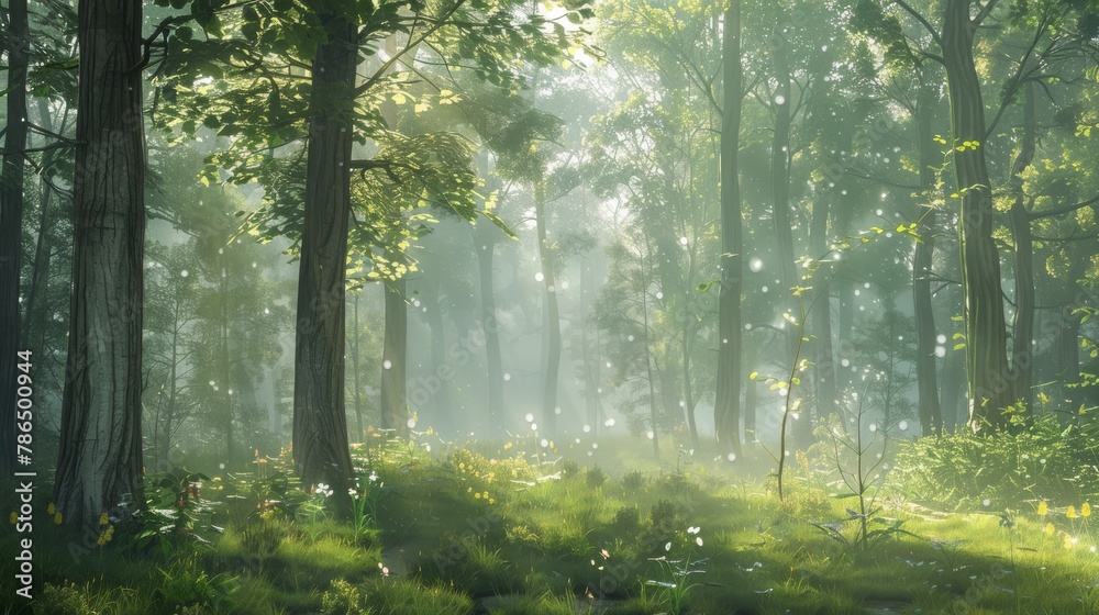 Obraz premium Capture the tranquility of a serene forest scene at dawn, with mist rising from the forest floor and sunlight filtering through the trees.