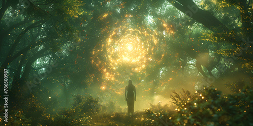 Serene Human Amidst Radiant Emerald Aura and Psychic Waves in the Dark Green Forest