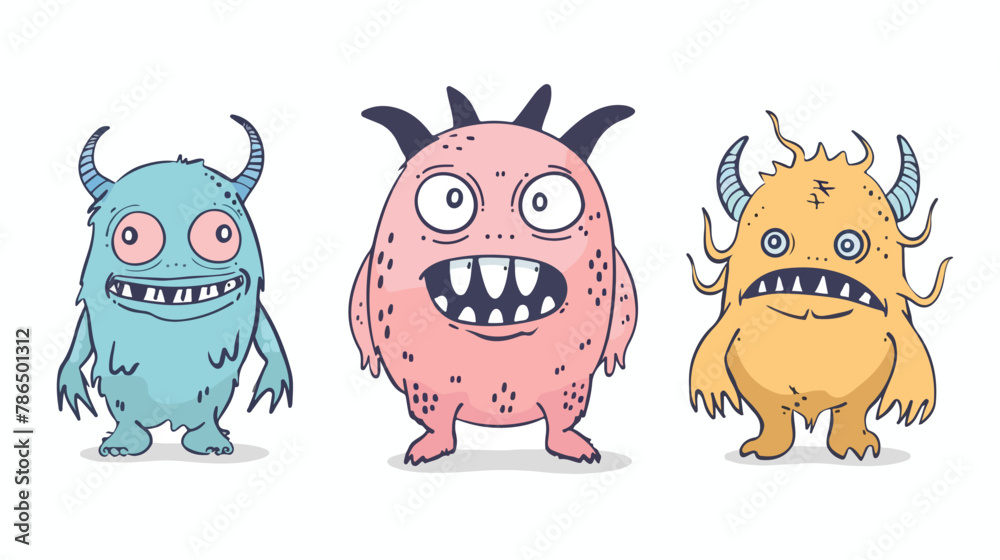 Vector cute monsters. Funny line hand-drawn aliens