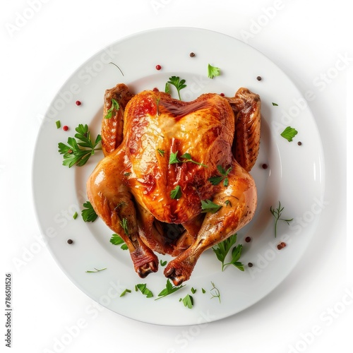 Photo of roasted chicken on plate top view isolated. Generate AI image