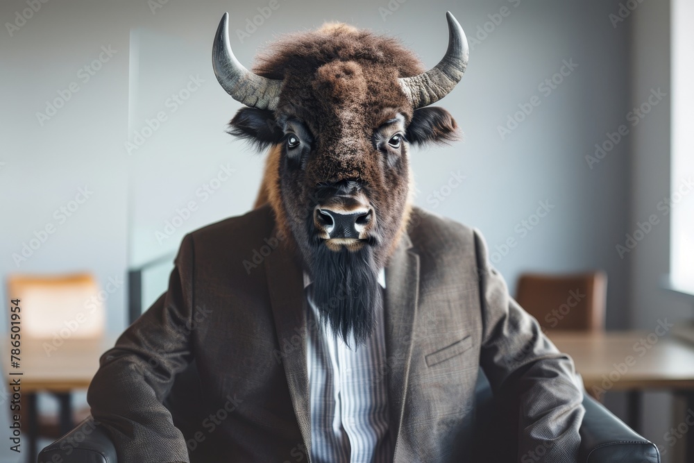 A bison in a corporate strategy room, wearing a robust suit, representing resilience and solid planning A bison in a corporate strategy room, wearing a robust suit, representing resilience and solid planning