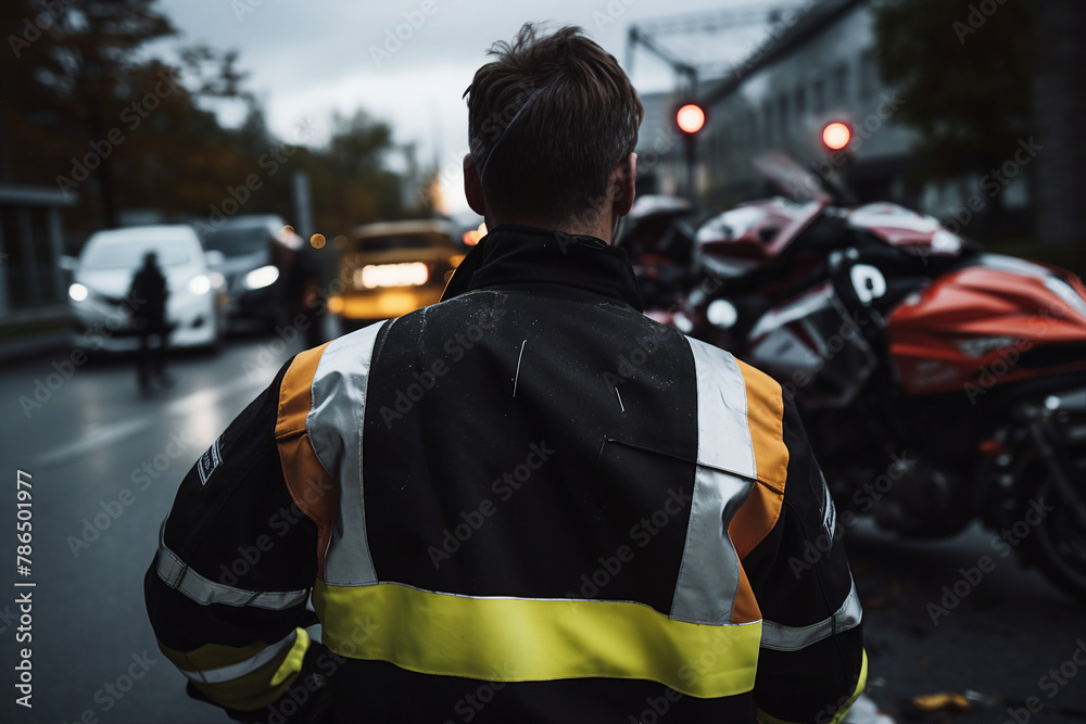 Fototapeta premium AI generated image of medical personal on road after car crash