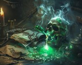 A macabre still life with a green potion spilling from a skull's mouth, surrounded by misty smoke and ancient scrolls, in a sorcerer's den
