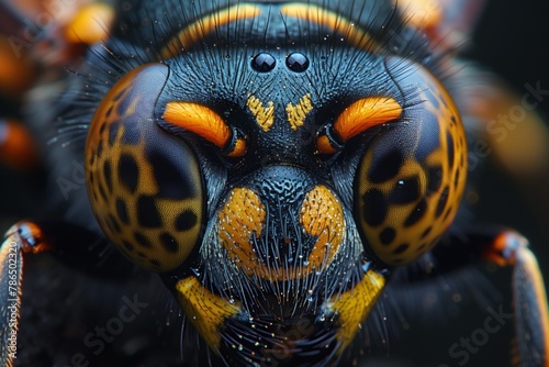 A closeup of an arthropods head, with orange eyes. This insect, a wasp, belongs to the class of invertebrates and is known as a pest to many terrestrial animals