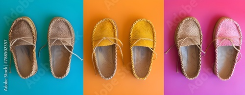 Four pair of espadrilles on multicolor background. Top view. Trendy Summer Footwear Four Pairs of Espadrilles on Bright Background