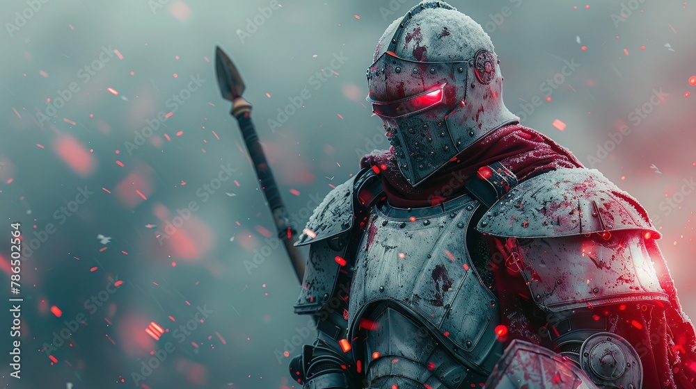 Fototapeta premium Spartan cyborg with energy shield and plasma spear, standing firm on a futuristic battlefield