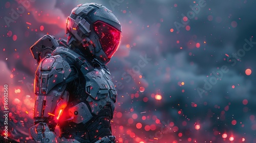 Spartan cyborg with energy shield and plasma spear, standing firm on a futuristic battlefield © Shutter2U