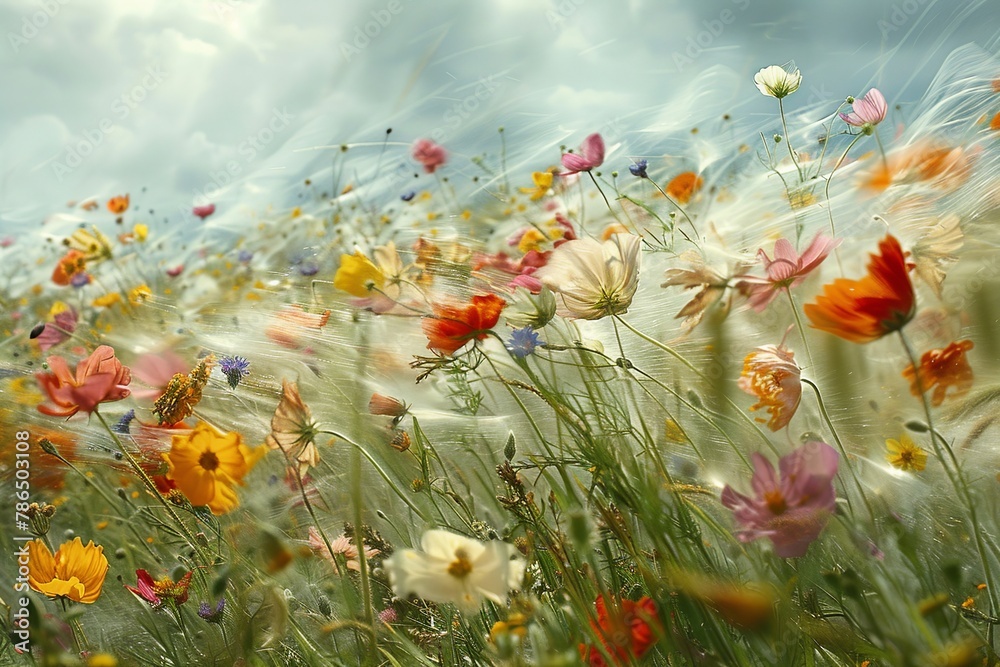 Experience the raw power of nature as strong windstorm rips delicate petals off wildflowers in a field. Witness the interplay of light and shadow on the meadow, capturing the fleeting beauty and force