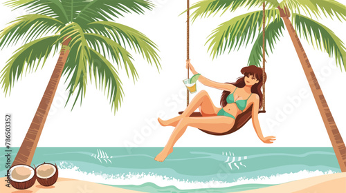 Vector illustration flat design. Woman in tropical 