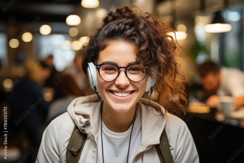 Happy young woman in glasses headphones sitting in cafe - obrazy, fototapety, plakaty 