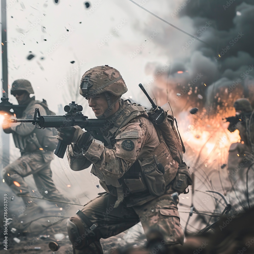 army soldiers fighting with guns and defending their country. In remember of military veteran and Happy memorial day Celebration army soldiers fighting with guns and defending their country. In remember of military veteran and Happy memorial day Celebration