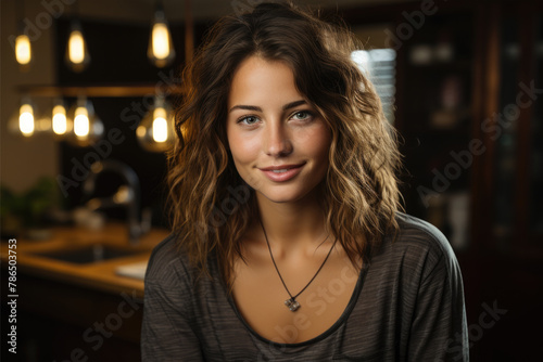 Smiling young woman sitting in cafe in daylight