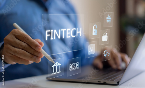 Financial technology FinTech with a business professional, banking and currency, digital transformation in financial industry, blockchain, cybersecurity, digital wallets and global financial networks