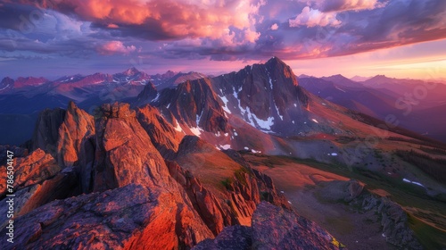 Immortalize the breathtaking beauty of a remote mountain peak at sunset, with vibrant colors painting the sky and rugged terrain stretching into the horizon.