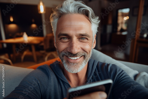 AI generated picture of happy nice handsome man enjoying weekend at home