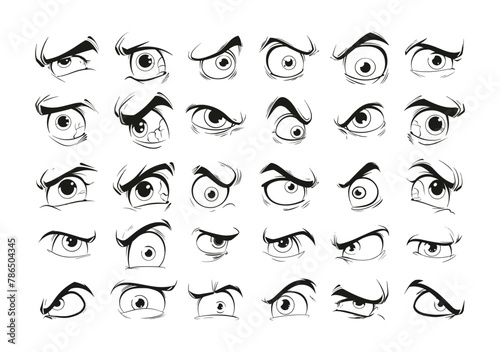 Cartoon eye ink sketch vector set. Angry suspicious furious evil comic human look emotions, illustrations highlighted on white background