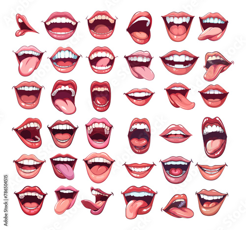 Cartoon mouths vector set. Plump lips sticking tongue out teeth smiling facial expression emotions gestures isolated illustrations on white background