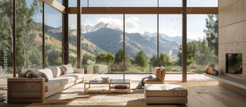 Expansive windows capture breathtaking mountain vistas, blurring indoor-outdoor boundaries. 