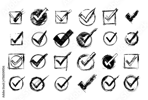 Checkbox pencil sketch vector set. Circle square different shapes hand drawn self checking symbols completed goal icons isolated on white background photo